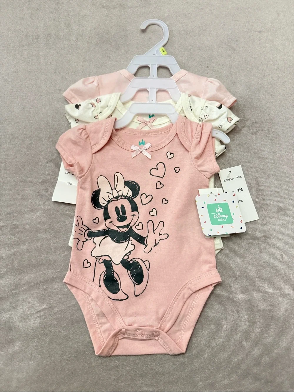 NWT Disney Baby Minnie Mouse Bodysuits 3 Pack Pink Cream Hearts Set 3M
